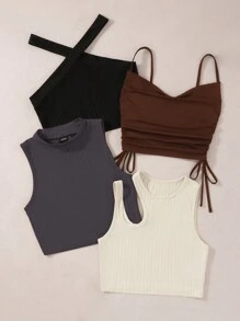 SHEIN Unity 4入組實心束口側面背心上衣、領帶背心和背心，外出上衣 - 彩色 - 查看 5