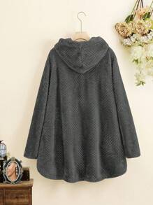 SHEIN LUNE Plus Flannel Single Breasted High Low Hem Hooded Coat Winter Fall Autumn - Dark Grey - View 2