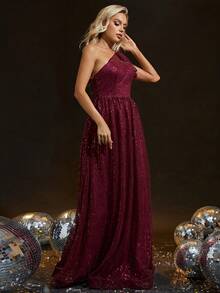 One Shoulder Knot Side Sequin Formal Dress - Burgundy - View 6