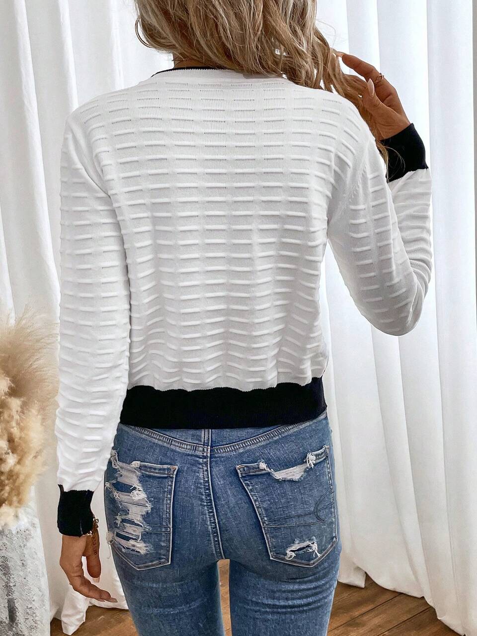 Contrast Trim Round Neck Knit Pullover Fall Winter Sweater