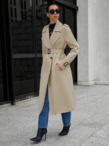 SHEIN Essnce Buckle Sleeve Double Breasted Trench Coat - Camel - View 3