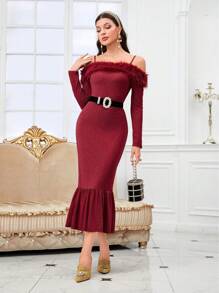 Modelyn 勃艮第红色毛绒边露肩美人鱼下摆闪光连衣裙 - 酒紅色 - 查看 4
