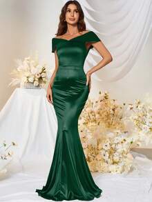 MUXXN Off Shoulder Mermaid Hem Satin Formal Dress, Elegant Prom Evening Wedding Guest Gown, For Graduation, Dinner - Dark Green - View 6