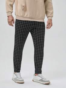 GENTILAND Men Plus Grid Print Drawstring Waist Pants - Black and White - View 4