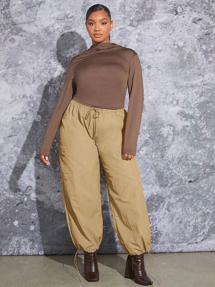 Plus Drawstring Waist Flap Pocket Cargo Pants