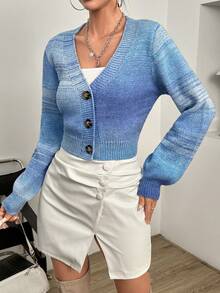 SHEIN Essnce 段染前紐扣短款開衫 - 杏色 - 查看 6