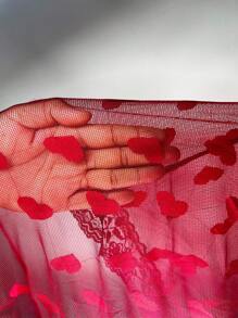 Heart Print Mesh Cami Nightdress Long Dress - Red - View 7