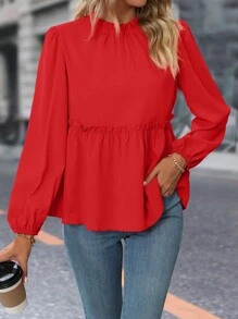 Chiquease 褶邊燈籠袖荷葉邊下擺襯衫 - 紅色 - 查看 1