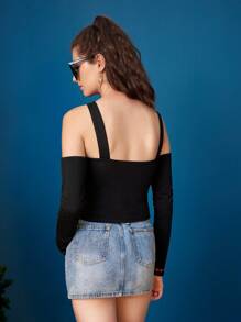 SHEIN X The Smurfs Cartoon & Letter Graphic Asymmetrical Neck Crop Tee - Black - View 2