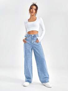 SHEIN EZwear High Waist Wide Leg Jeans - Light Wash - View 5