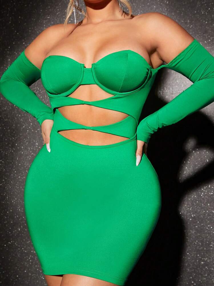 SHEIN SXY 一字肩前鏤空緊身洋裝 - 綠色 - 查看 3