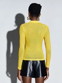 Maija Mock Neck Semi Sheer Mesh Top - Yellow - View 3