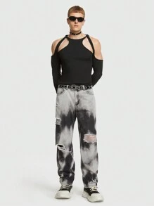 ROMWE MEN ROMWE Avant Các bạn Vai lạnh Cắt ra Đồ đan Ribbed Áo thun - màu đen - Xem 2