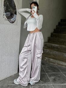 DAZY Flap Pocket Side Drawstring Waist Cargo Pants - Grey - View 5