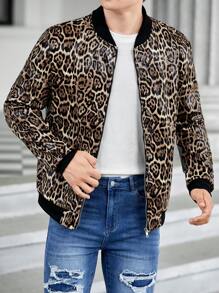 GENTILAND Chaqueta bomber de hombre de corte holgado con estampado de leopardo y cremallera - Multicolor - Ver 1