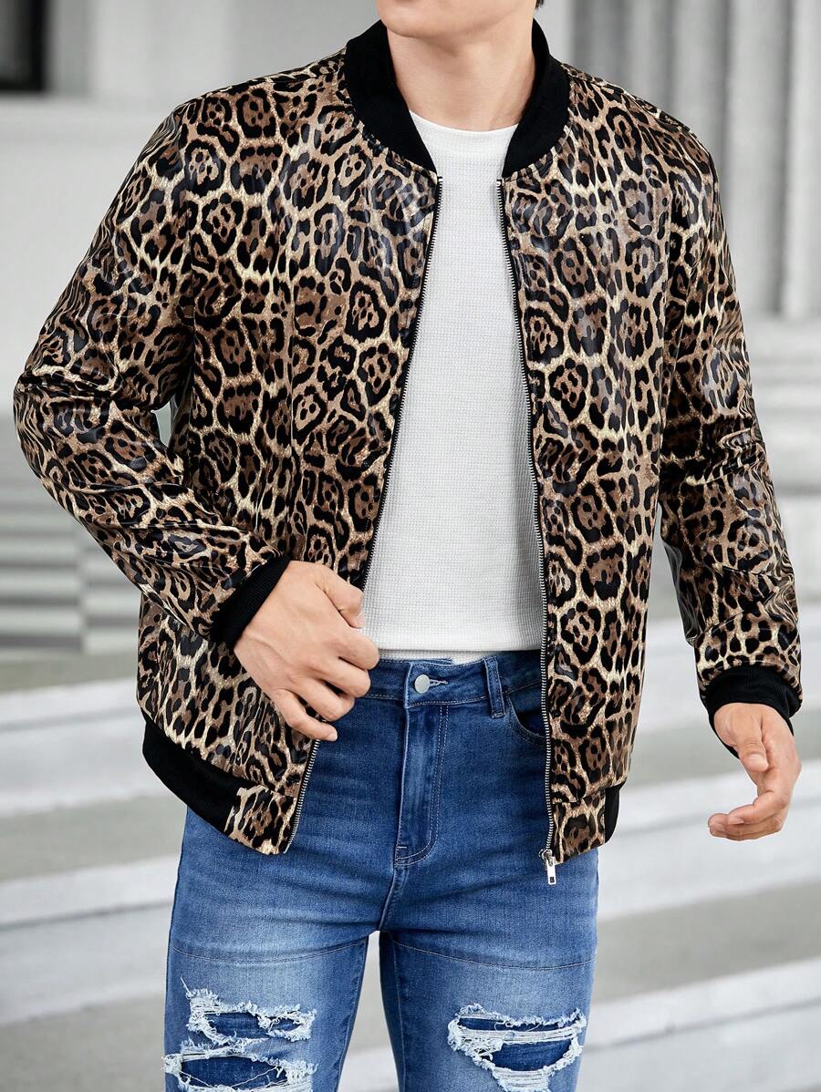 GENTILAND Chaqueta bomber de hombre de corte holgado con estampado de leopardo y cremallera - Multicolor - Ver 1