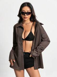 SHEIN Unity Solid Button Front Drop Shoulder Coat - Brown - View 5