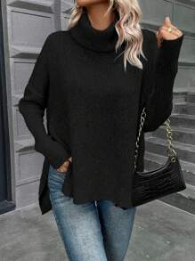 SHEIN LUNE Jersey cuello alto de manga murciélago bajo con abertura