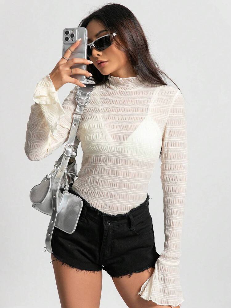 Mock Neck Flounce Sleeve Tee Without Bra Fall Cloth For Women