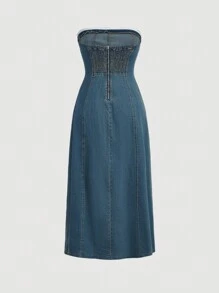 SHEIN MOD Ruffle Trim Split Thigh Tube Denim Dress - Medium Wash - View 2