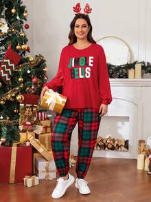 SHEIN LUNE Plus Slogan Graphic Drop Shoulder Sweatshirt & Plaid Print Sweatpants - Multicolor - View 3