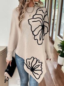EMERY ROSE Floral Pattern Batwing Sleeve Asymmetrical Hem Sweater,Long Sleeve Tops