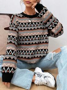 SHEIN EZwear Jersey con patrón geométrico de hombros caídos - Negro - Ver 6