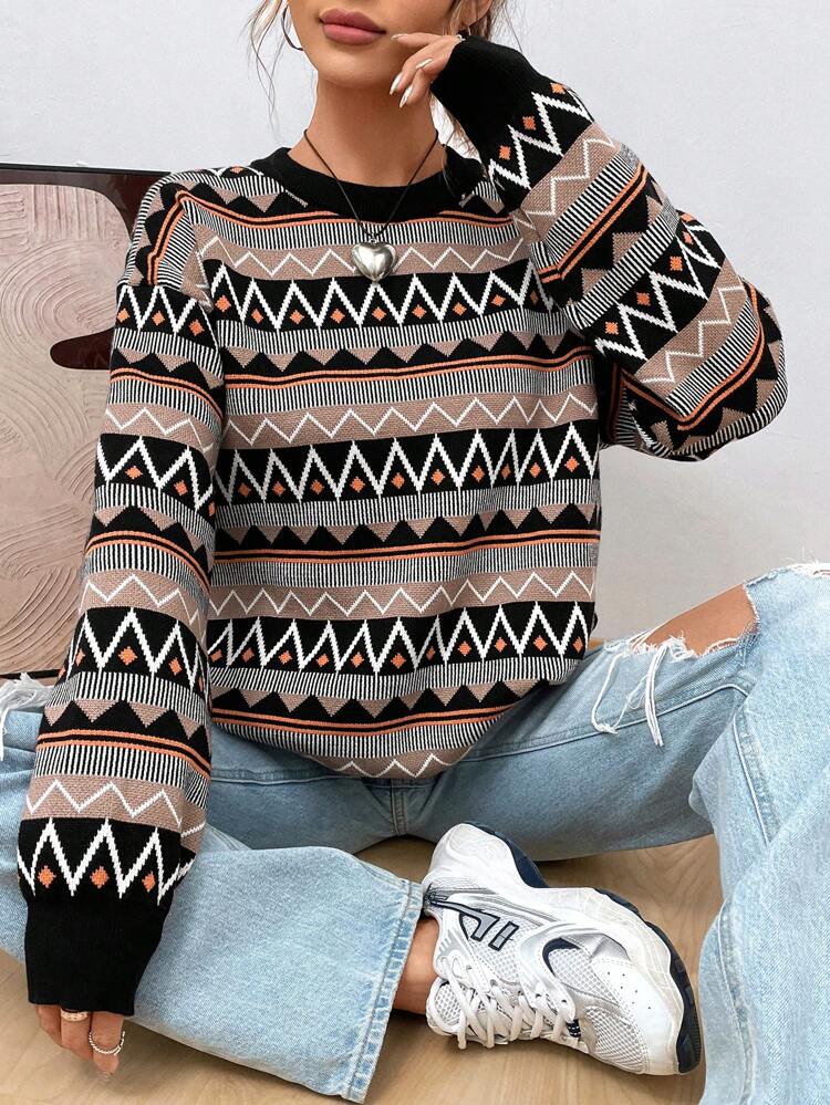 Geo Pattern Drop Shoulder Sweater