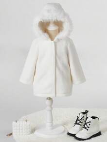 SHEIN 女嬰素色毛茸邊連帽外套 - 杏色 - 查看 5