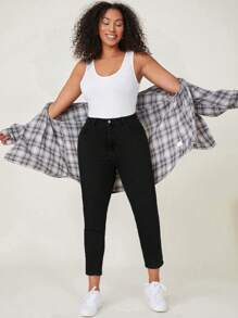 SHEIN Essnce Plus Brushed Fabric Thermal High Waist Skinny Jeans Thickened Denim, For Winter - Black - View 4