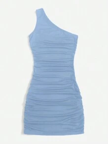 Roamenne Roamenne Vestido ajustado de un hombro fruncido - Neblina azul - Ver 5