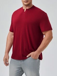 Manfinity Homme 男士大码缺口領T恤 - 酒紅色 - 查看 5