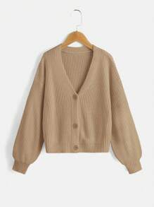 SHEIN Tween Girl Drop Shoulder Ribbed Knit Cardigan In Fall/Winter - Khaki - View 1