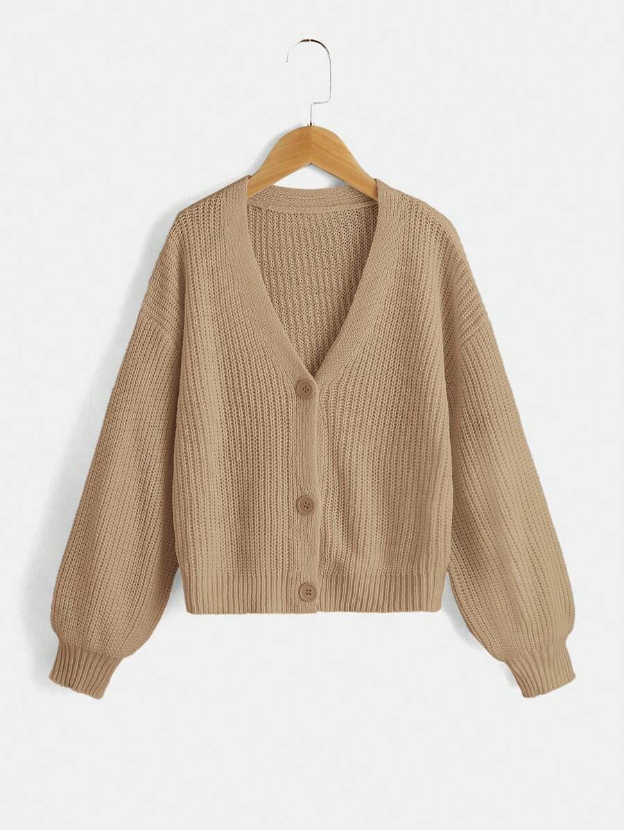 SHEIN Tween Girl Drop Shoulder Ribbed Knit Cardigan In Fall/Winter - Khaki - View 1