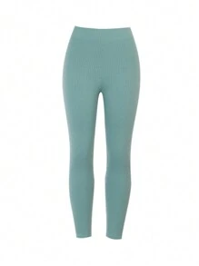 Solid Ribbed Knit Leggings Workout Leggings Fall Cloth For Women - Mint Green - View 4