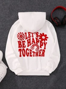 SHEIN Áo nỉ in hình hoạt hình và khẩu hiệu dành cho bé gái tuổi teen - trắng - Xem 4