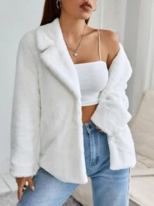 SHEIN PETITE Cổ áo Mở Mặt trước Áo khoác Teddy - trắng - Xem 3