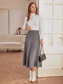 GENKIRA 休闲百搭针织半身裙，适合通勤、秋冬季穿着 - 灰色 - 查看 3