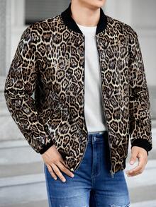 GENTILAND Chaqueta bomber de hombre de corte holgado con estampado de leopardo y cremallera - Multicolor - Ver 6