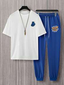 Manfinity Loose Fit Men's Letter Graphic T-Shirt & Drawstring Waist Sweatpants - Multicolor - View 3