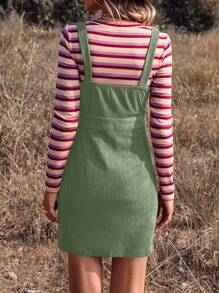 SHEIN LUNE Slant Pockets Button Front Corduroy Overall Dress Without Tee - Army Green - View 2