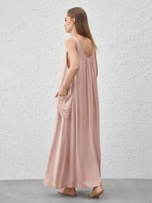 Leisure Natural Linen Comfy & Breathable Side Pocket Lounge Dress-Pink - Coral Pink - View 3