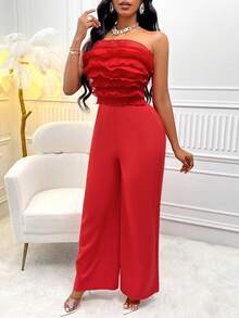 素色打褶荷葉邊抹胸連體褲 - 紅色 - 查看 6