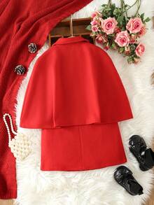 SHEIN Young Girl Solid Bow Front Dress & Cape Overcoat - Burgundy - View 2