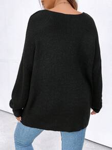 SHEIN LUNE 加大码落肩针织套头衫秋冬毛衣 - 黑色 - 查看 2