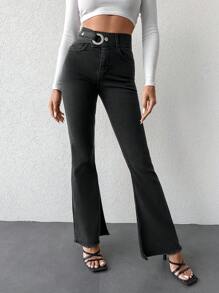 SHEIN Cottnline 高腰牛仔喇叭褲不附腰帶 - 灰色 - 查看 1