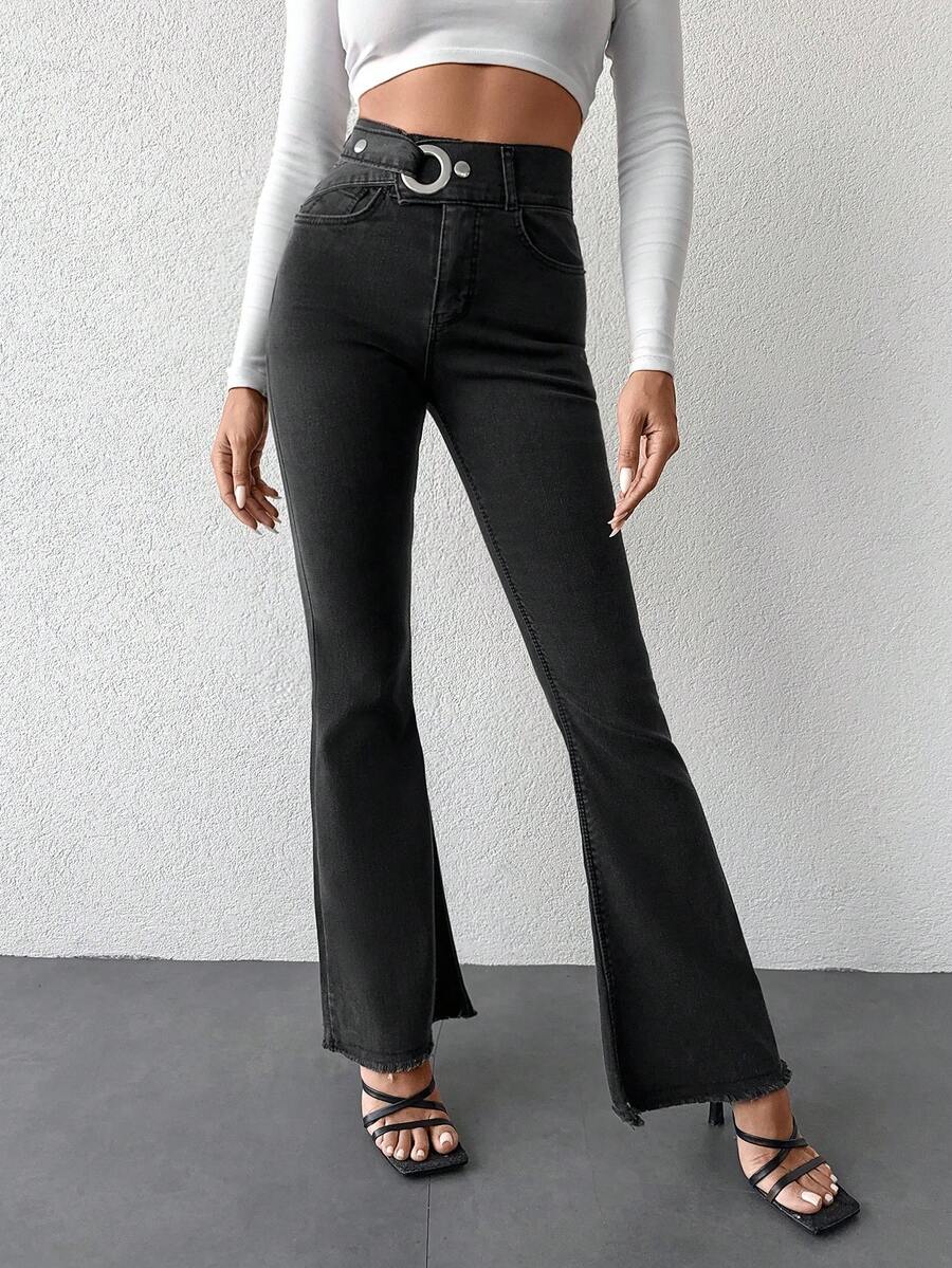 SHEIN Cottnline 高腰牛仔喇叭褲不附腰帶 - 灰色 - 查看 1