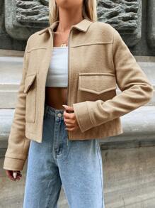 EURMUSE Flap Pocket Drop Shoulder Zip Up Jacket - Beige - View 4