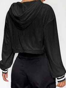 Sọc trang trí Thả vai Dây rút áo có mũ Áo len crop - màu đen - Xem 2