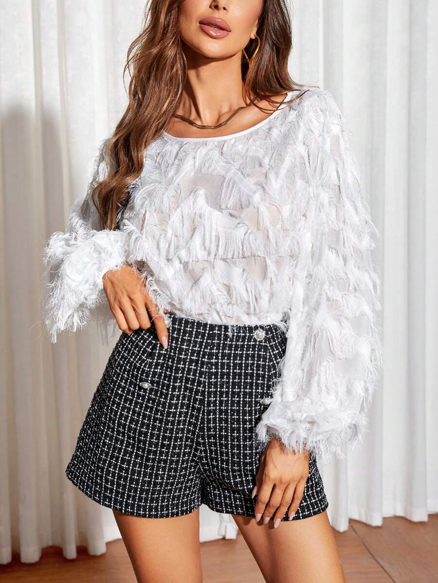 SHEIN Privé Solid Fuzzy Lantern Sleeve Blouse - White - View 1